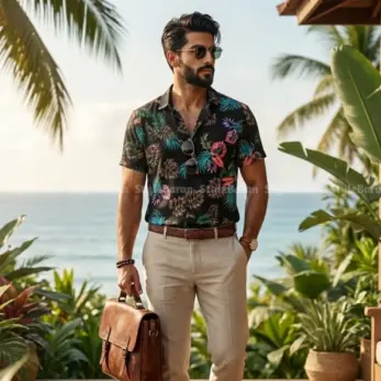 پیراهن مردانه هاوایی مشکی گل رنگی