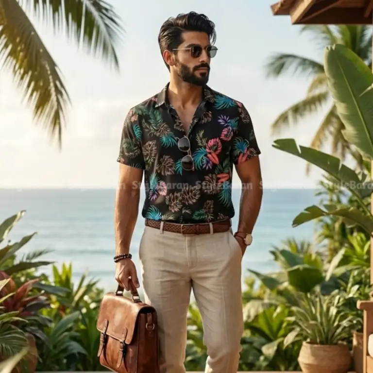 پیراهن مردانه هاوایی مشکی گل رنگی