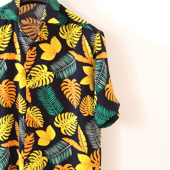 پیراهن مردانه هاوایی برگ انجیری زرد - Image 2