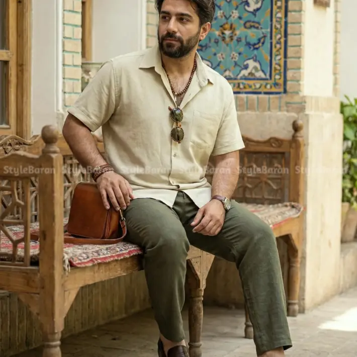 پیراهن مردانه لینن کنفی کرم - Image 2