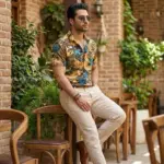 پیراهن مردانه هاوایی گل ختمی آبی