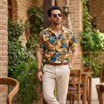 پیراهن مردانه هاوایی گل ختمی آبی