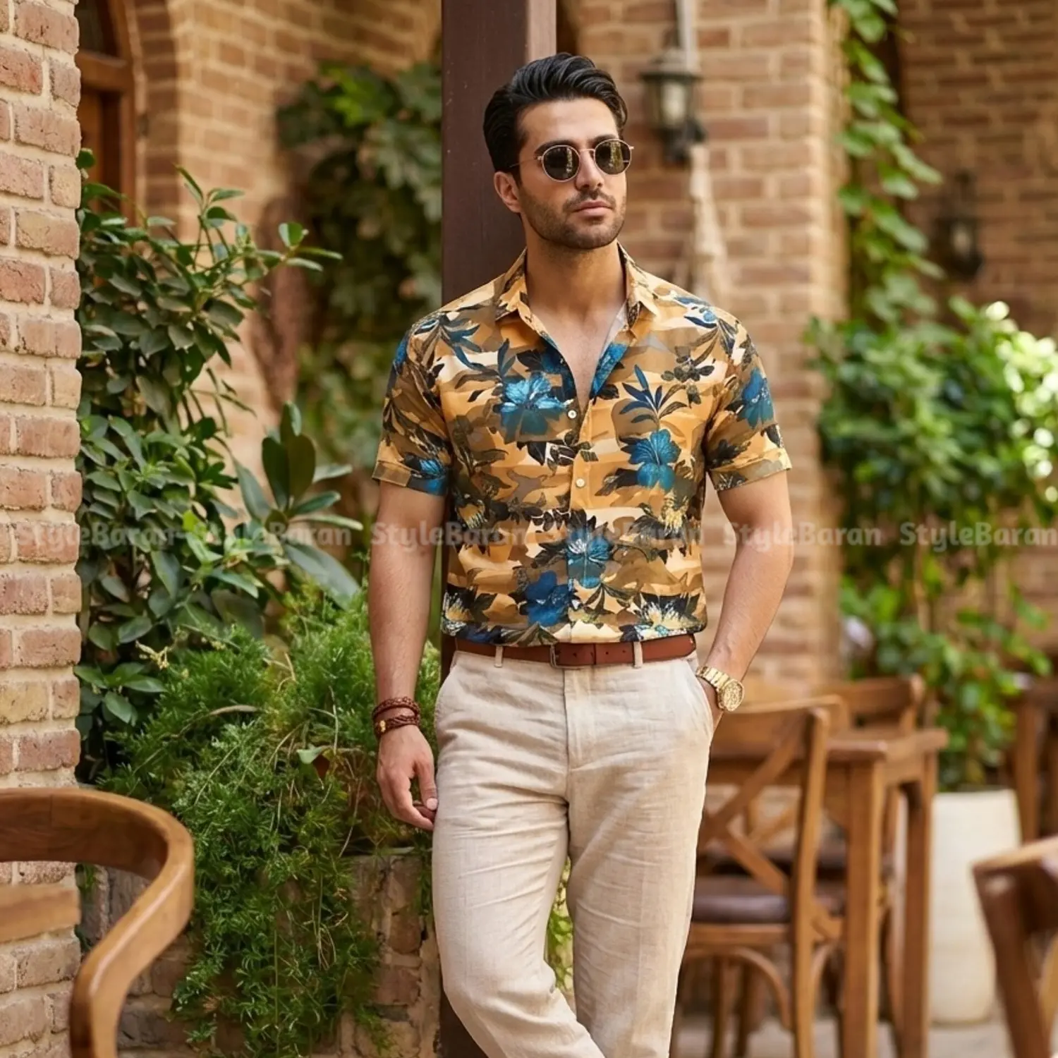 پیراهن مردانه هاوایی گل ختمی آبی پیراهن مردانه هاوایی گل ختمی آبی
