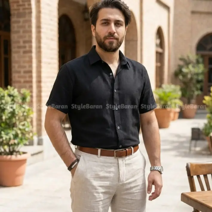 پیراهن مردانه لینن کنفی مشکی
