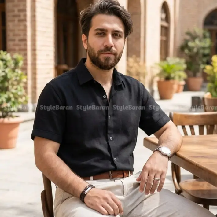 پیراهن مردانه لینن کنفی مشکی - Image 2