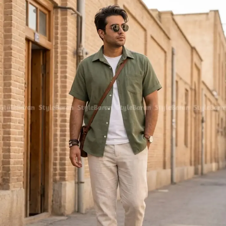 پیراهن مردانه لینن کنفی سبز