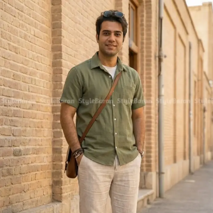 پیراهن مردانه لینن کنفی سبز - Image 2