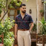 پیراهن مردانه لینن سرمه ای برگ