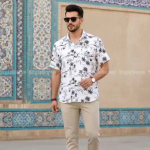 پیراهن مردانه هاوایی سفید مشکی