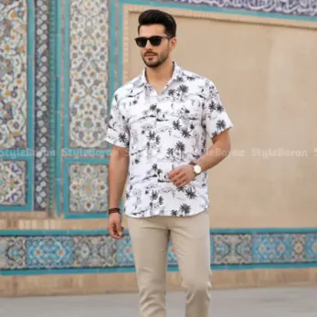 پیراهن مردانه هاوایی سفید مشکی