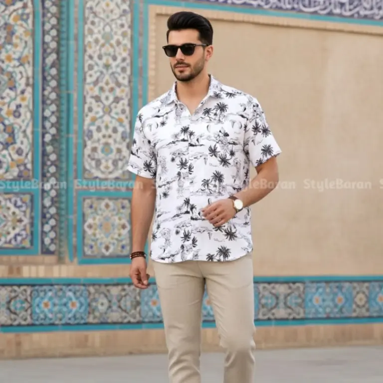 پیراهن مردانه هاوایی سفید مشکی