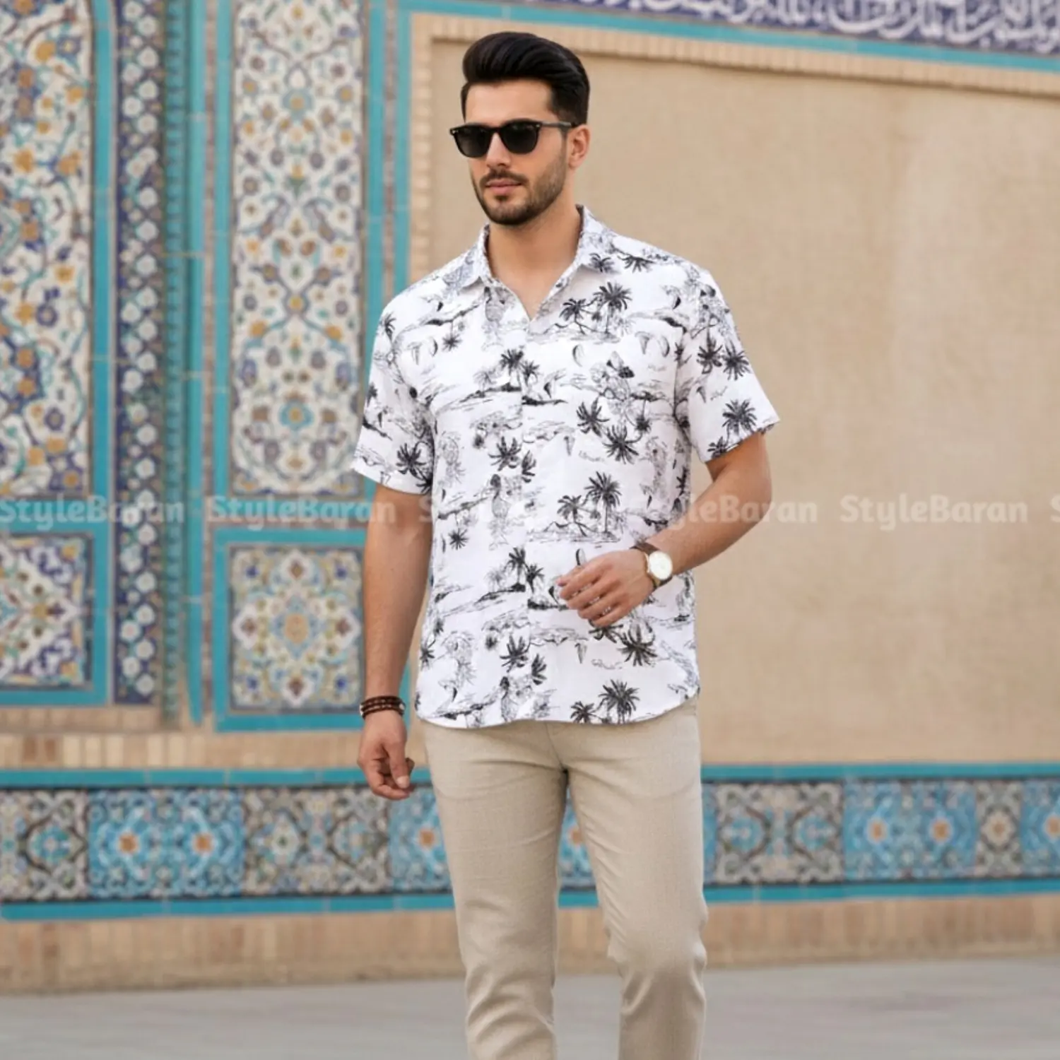 پیراهن مردانه هاوایی سفید مشکی پیراهن مردانه هاوایی سفید مشکی