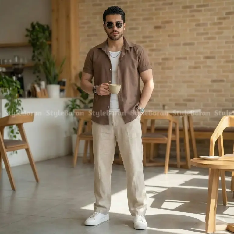پیراهن مردانه لینن کنفی شکلاتی