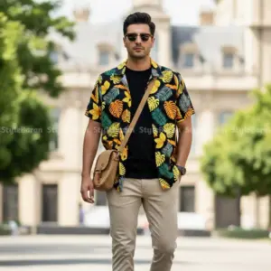 پیراهن مردانه هاوایی برگ انجیری زرد